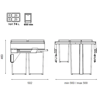 Pull-out wastebin 580PLUS Line, W600mm, Ø502mm, H463mm, 2x8+2x29l, orion grey