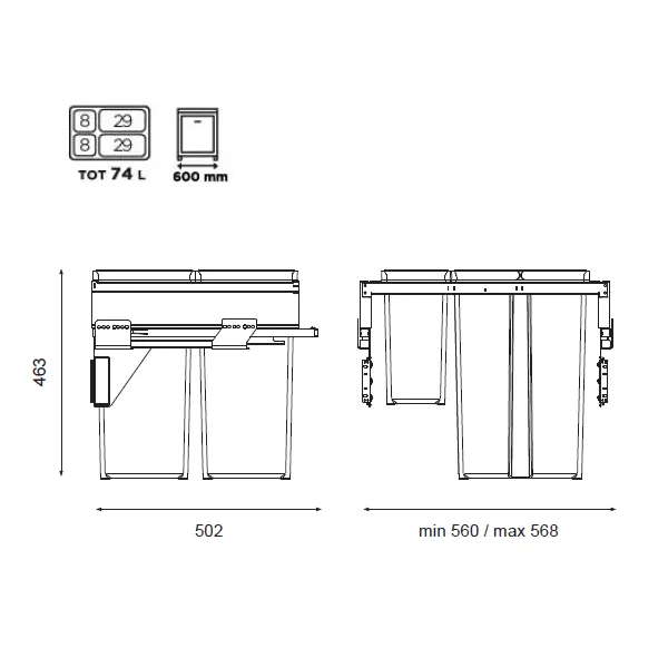 Pull-out wastebin 580PLUS Line, W600mm, Ø502mm, H463mm, 2x8+2x29l, orion grey