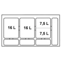 Four compartment wastebin, with bottom tray 2x16l+2x7.5l