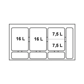 Four compartment wastebin, with bottom tray 2x16l+2x7.5l