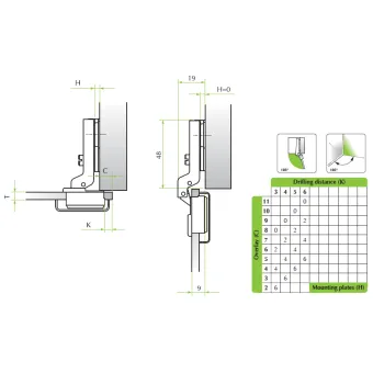 Hinge for glass 26°, half overlay, 8mm
