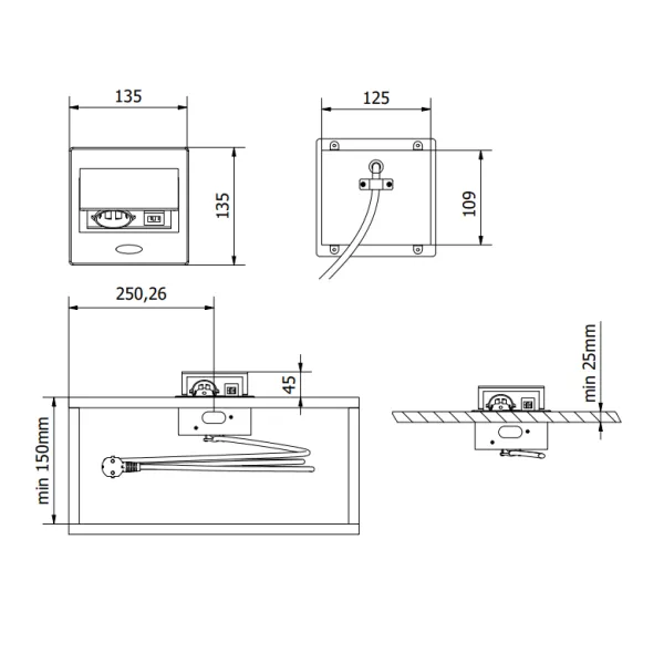 AVARO pull-out power socket, 1xSchuko, 2xUSB A, cable L1.5m, silver