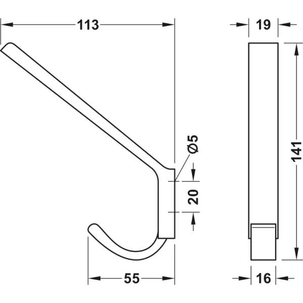 Wardrobe hook zi.blk. 19x141x113mm