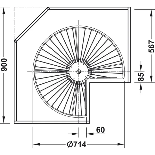 Three quarter circle carousel fitting, Häfele, for corner cabinets, with baskets