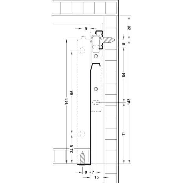 Drawer side runner system, single-walled, Häfele Matrix Box Single A25, single extension, H150mm