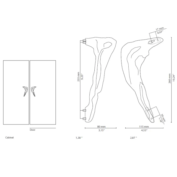 Handle KERMA CC235mm L260mm H80mm P115mm right, aged brass 