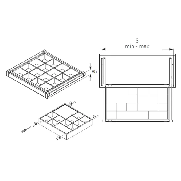 Pull-out drawer with organizer Elitte, W660-718mm, with soft closing, white