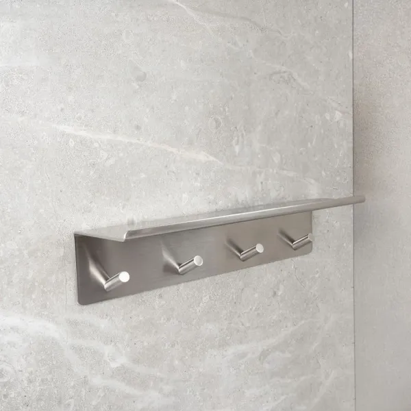 Hook with shelf 4 BASE self-adhesive 300x72x80mm brushed stainless steel