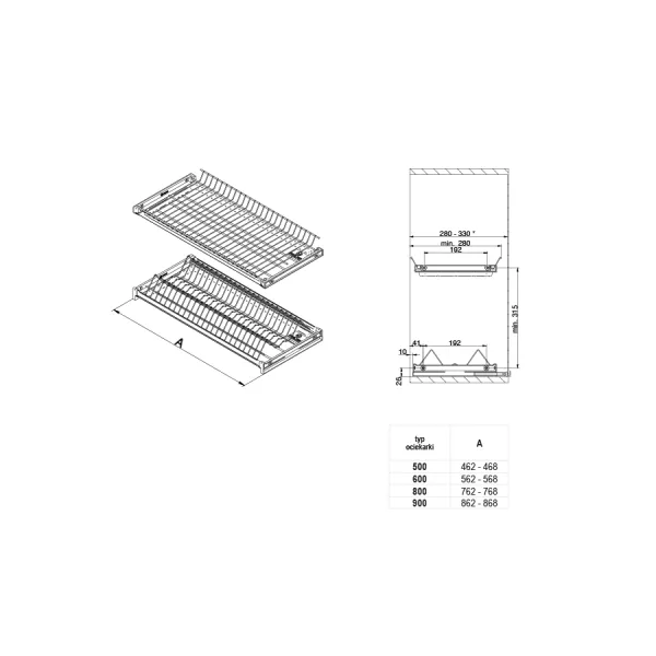 Dish rack with aluminum frame and tray W600mm white