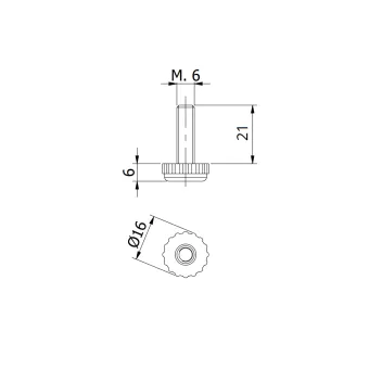Adjustment feet with fixed stem and knurled Ø16mm flat base, M6x21mm, H27mm, grey