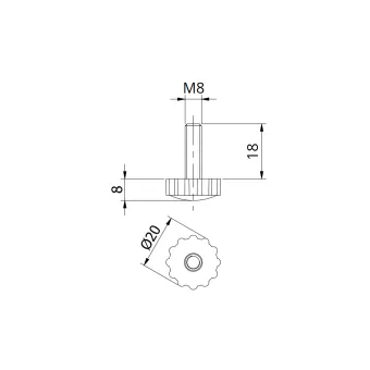 Adjustment feet with fixed stem and knurled Ø20mm flat base, M8x18mm, H26mm, grey