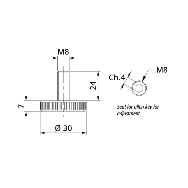 Atrama reguliuojama M8x13mm, Ø30mm, H20mm, juoda