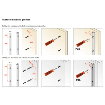 Screws for wood panel and screws with wall plugs for PIN profile with aluminium finish