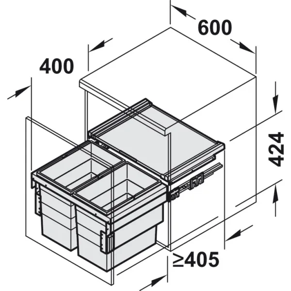 Šiukšliadėžė 2x28l pilno ištr. 400x424mm pilka HAFELE