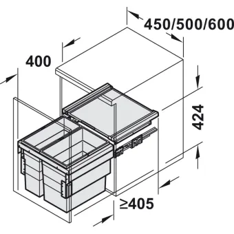 Šiukšliadėžė 2x28l pilno ištraukimo 400x424mm, pilka