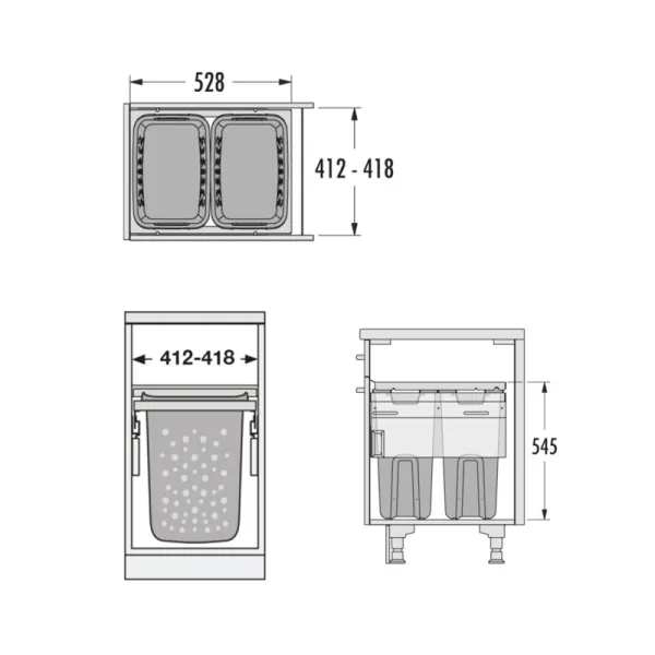 Pull-out laundry basket set Hailo, for installation behind fronts, W450mm, 2x33l