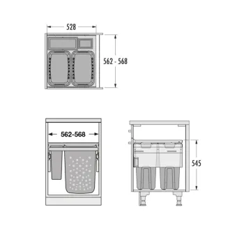 Pull-out laundry basket set Hailo, for installation behind fronts, W450mm, 2x33l