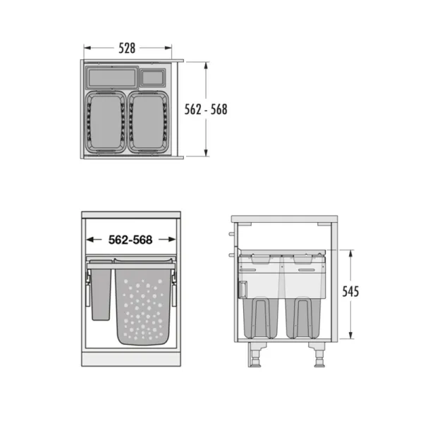 Pull-out laundry basket set Hailo, for installation behind fronts, W450mm, 2x33l