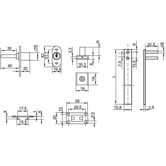 Central lock 851N L500mm, Ø19x22mm 8mm, lateral lock, nickel plated