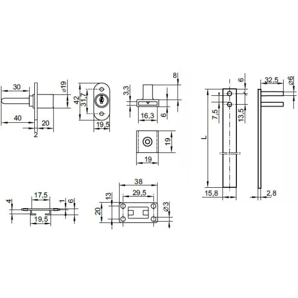 Spynelė centrinė 851N šoninis užraktas L500mm, Ø19x22mm, 8mm