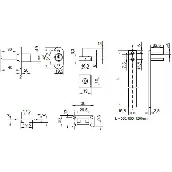 Central lock 1018 L1200mm 3x13mm, 40mm tail, nickel plated