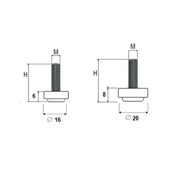 Adjustment feet with fixed stem and knurled Ø16mm flat base, M6x21mm, H27mm, black