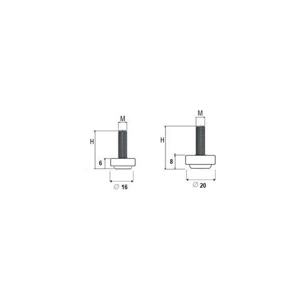 Adjustment feet with fixed stem and knurled Ø16mm flat base, M6x21mm, H27mm, black