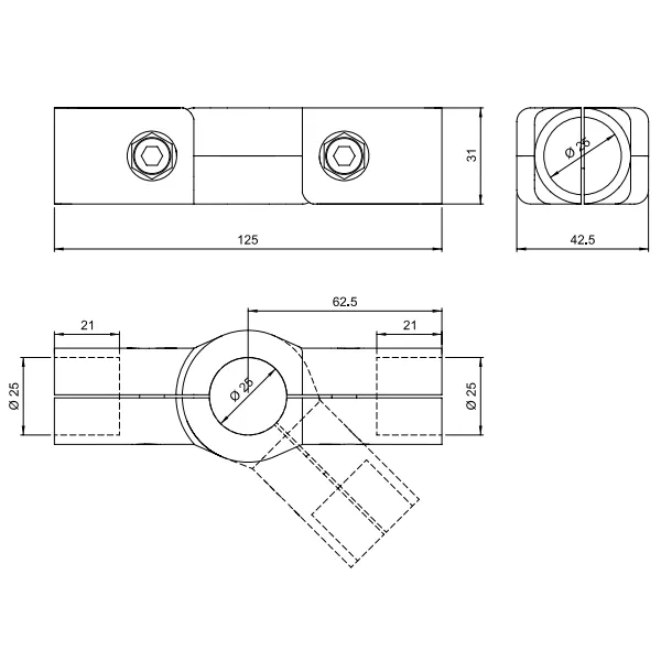 2-way connector, adjustable angle, for Ø25mm tube, chrome