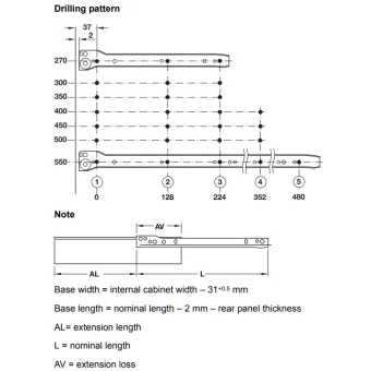 Drawer side runner system, single-walled, Häfele Matrix Box Single A25, single extension, height 118mm