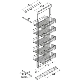 Larder unit pull-out DISPENSA W300mm H1600-2000mm, steel, installation behind fronts, baskets