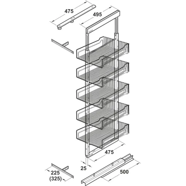 Larder unit pull-out DISPENSA W300mm H1600-2000mm, steel, installation behind fronts, baskets
