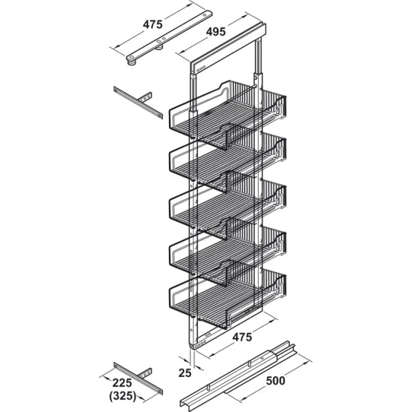 Larder unit pull-out DISPENSA W300mm H1600-2000mm, steel, installation behind fronts, baskets