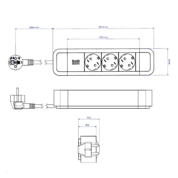 3-way power strip PRIMO 2, 3xCEE7/3, with supply cable L2000mm