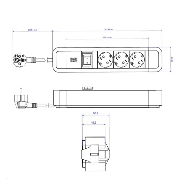 3-way power strip PRIMO 2, 3xCEE7/3, with switch, with supply cable L2000mm