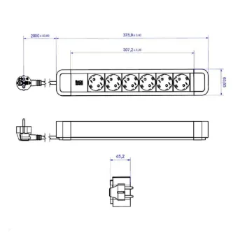 6-way power strip PRIMO 2, 6xCEE7/3, with supply cable L2000mm