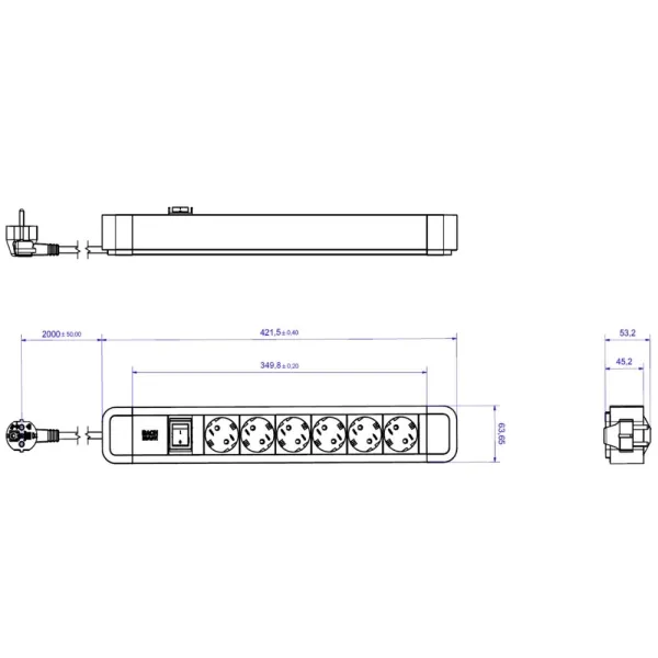 6-way power strip PRIMO 2, 6xCEE7/3, with switch, with supply cable L2000mm