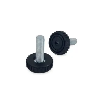 Adjustment feet with fixed stem and knurled Ø20mm flat base, M8x24mm, H32mm, SW5, black