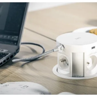 Pull-out power socket Ø120mm, 4xSchuko, 2xUSB, 2xRJ45, 5W wireless charger, cable L1.5m, black