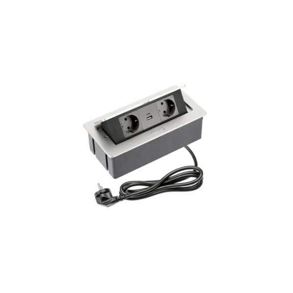 Power distributing unit SOFT 2xSchuko, double USB charger, aluminum, cable L1500mm