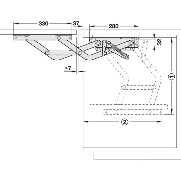 Shelf lifting mechanism, 8kg, W300-568mm, 2 springs