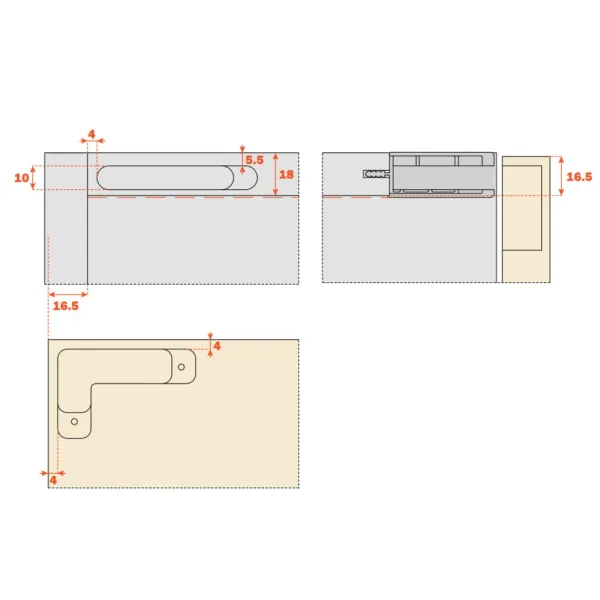 Support profiles for AIR hinge mounting to cabint, for recessed mounting, with hinge grooves, planel thickness 18mm, L630mm, titanium