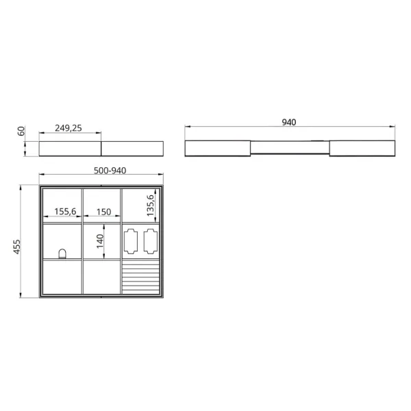 Drawer organiser Symphony, L455mm, P500-940mm, H60mm, simil leather/velvet, anthracite