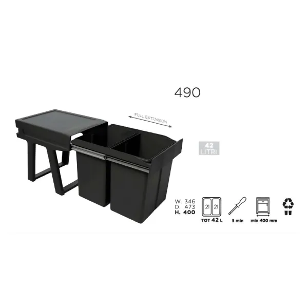 Ištraukiama šiukšliadėžė 490, 2x21L, juoda