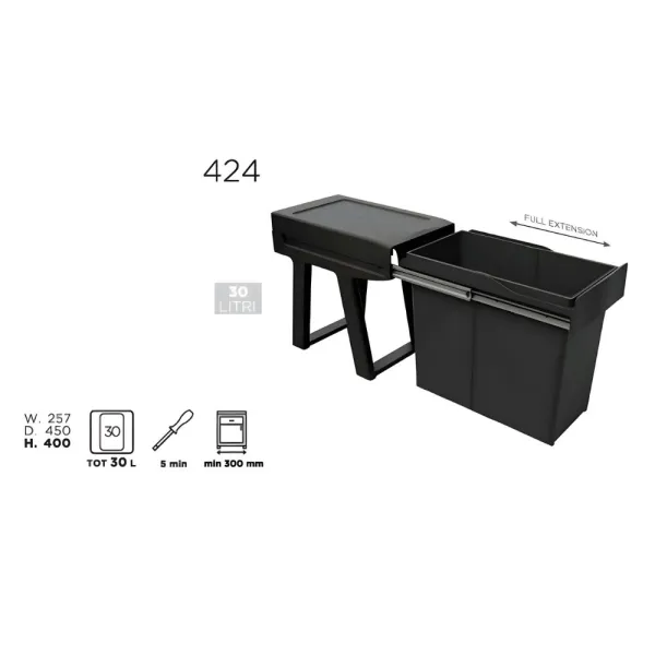 Pull-out waste bin 424, 1x30L, black