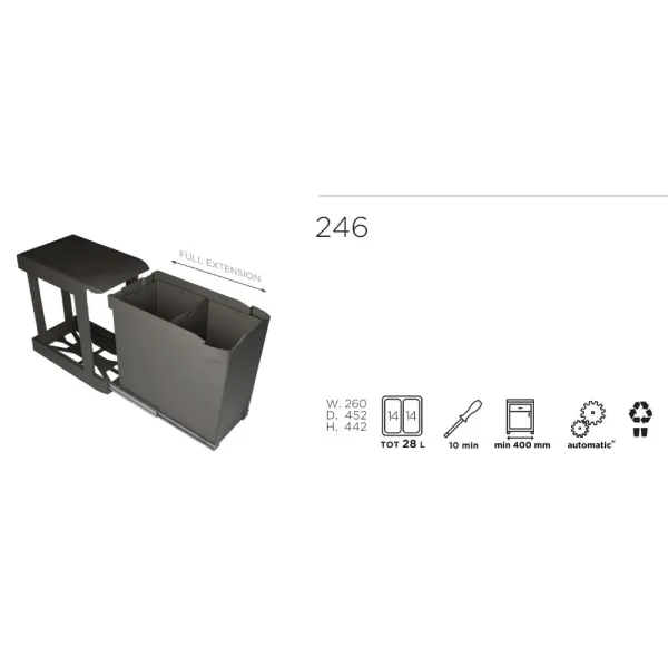 Šiukšliadėžė automatinio ištraukiamo, 260x452x442mm, 2x14L, antracitas