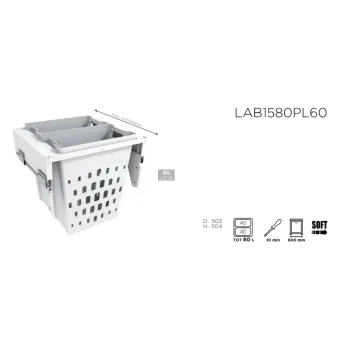 Pull-out laundry basket 600x458x504mm, 2×40L, plastic, white
