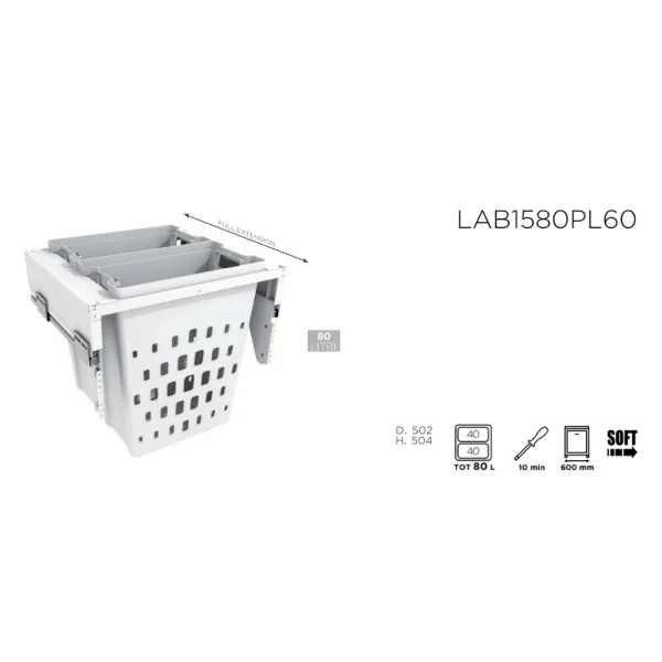 Pull-out laundry basket 600x458x504mm, 2×40L, plastic, white