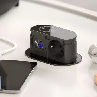 Rozečių blokas Pop-Up, ištraukiamas 1xSchuko, 1xUSB-C, 1xUSB-A, Qi 5W kroviklis, laidas L2000mm, juoda