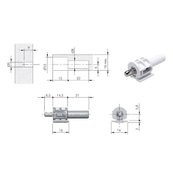 Cabinet connector Ø5mm for wooden shelves with spring system KINTAI, for plug fitting into shelf Ø8/15mm, white