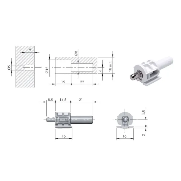 Cabinet connector Ø5mm for wooden shelves with spring system KINTAI, for plug fitting into shelf Ø8/15mm, white